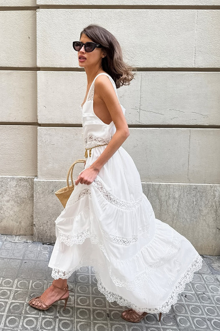 Abito lungo svasato con balze e pizzo patchwork in stile bohémien