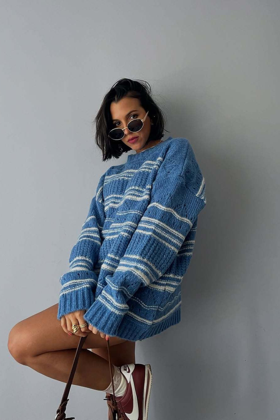 Thick Striped Knit Vintage Crew Neck Sweater