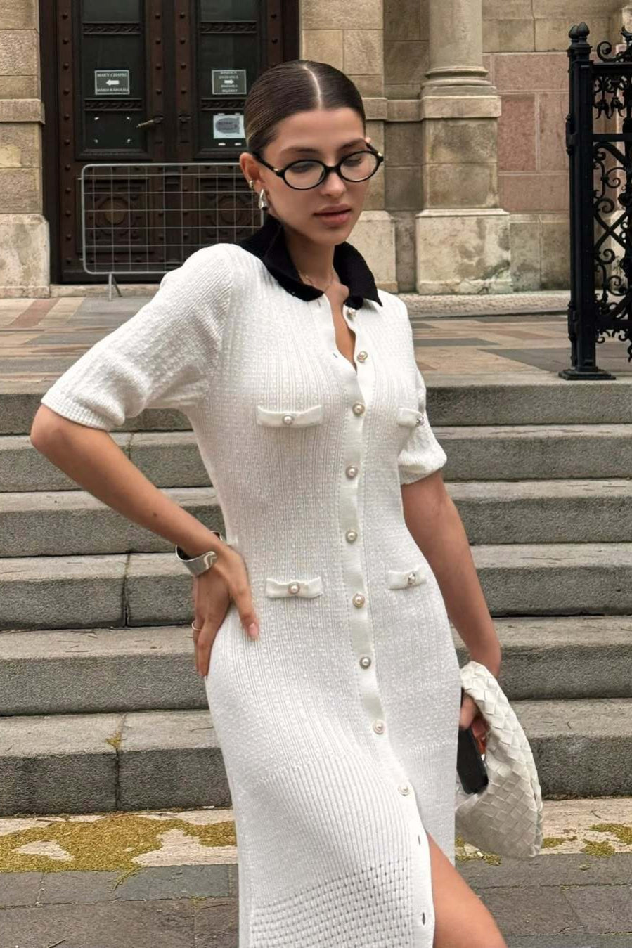 Single Breasted V Neck Knitted Slit Peter Pan Collar Midi Dress