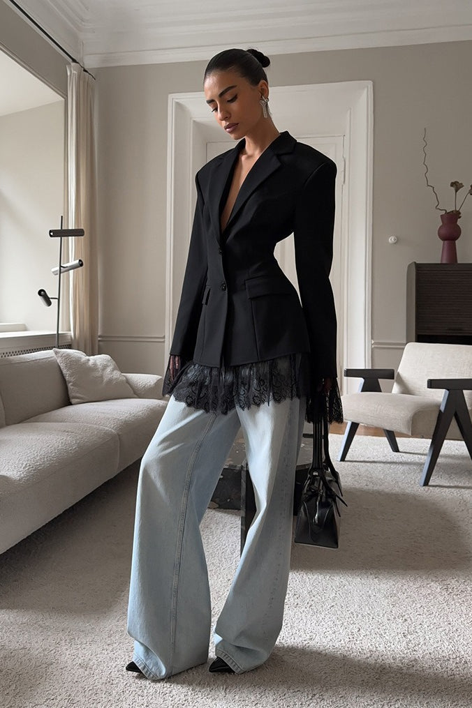 Black Lace Paneled Long Sleeve Waist-Cinched Soft Blazer