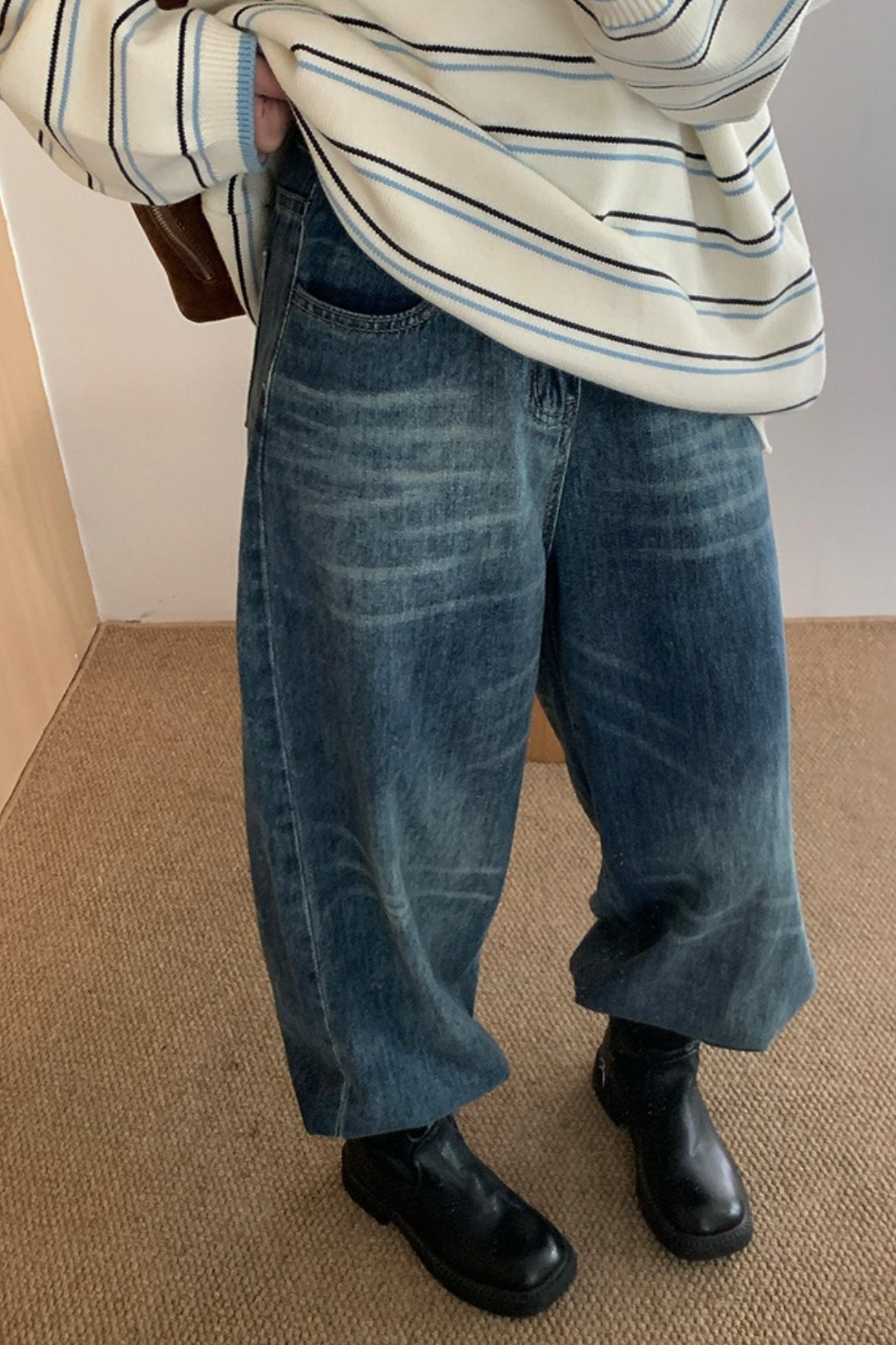 Vintage Washed Whisker High Waist Loose Jeans