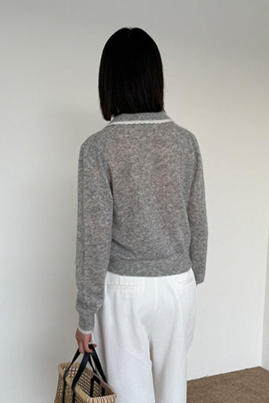 Cardigã de Malha Leve de Lã com Gola Peter Pan de Renda