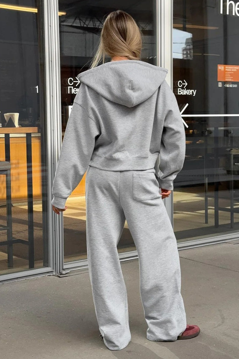 Zipper Hoodie Long Sleeve Wide Leg Pants Two Piece Set