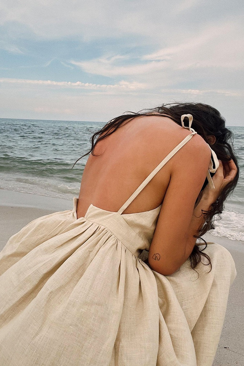 Cotton V Neck Spaghetti Strap Elegant Tie Backless Midi Dress