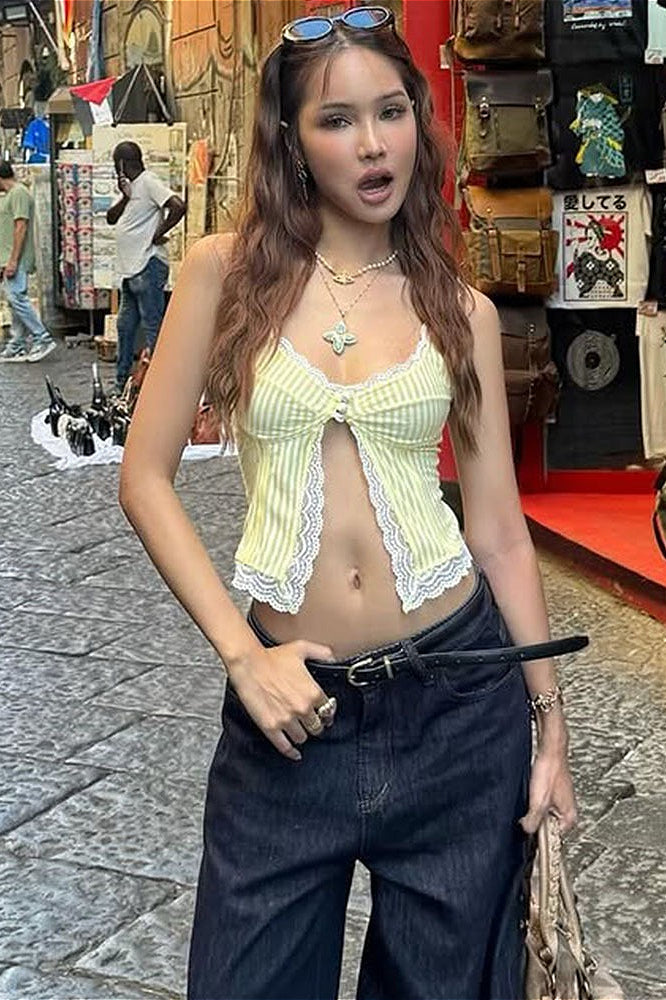 Sexy Ruffled Stripe Lace Tank Top