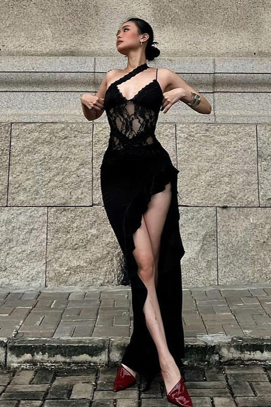 Streetwear Irregular Lace Patch Sheer Mini Dress