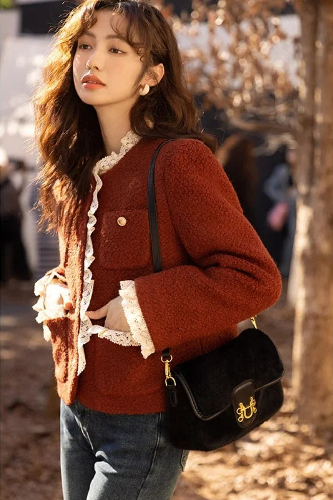 Retro Lace Splicing Wool Jacket