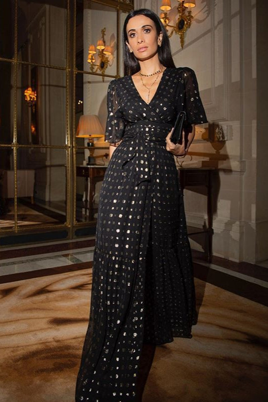 Robe longue sexy à pois avec col en V