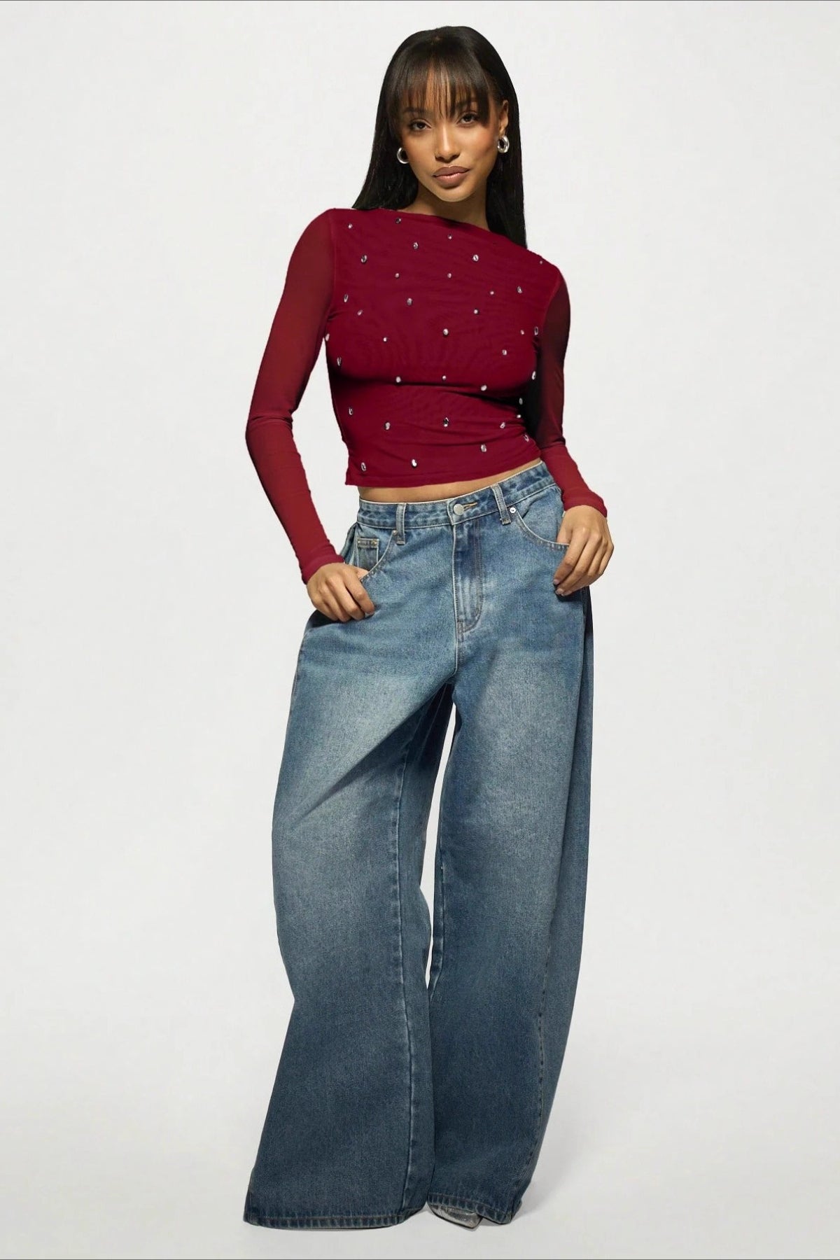 Camiseta de Manga Longa Chique com Duas Camadas de Tule e Strass