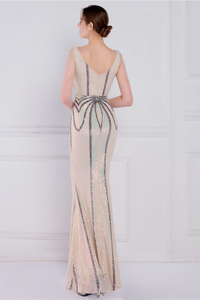 Vestido de fiesta sirena con lentejuelas y flores de cuentas