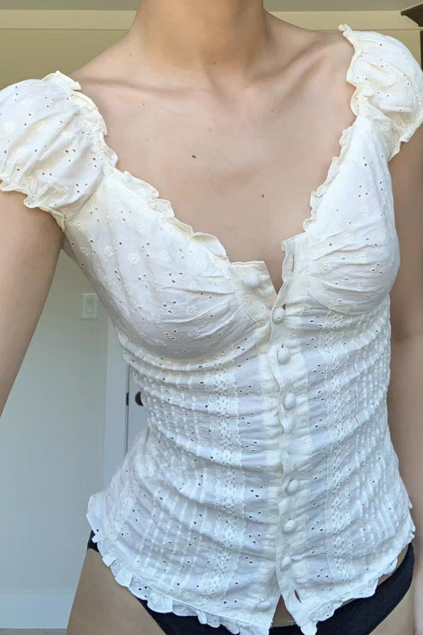 Ruched Low Neck Button Ruffled Lace Tank Top