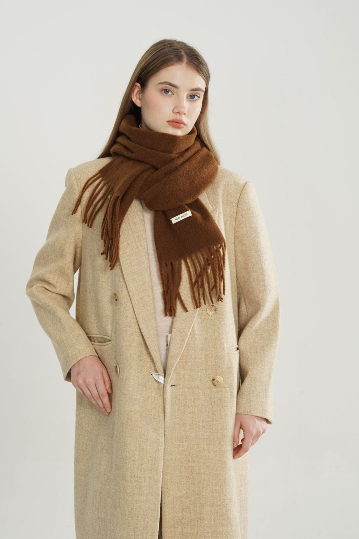 Wool Blend Minimalist Solid Woven Fringed Scarf