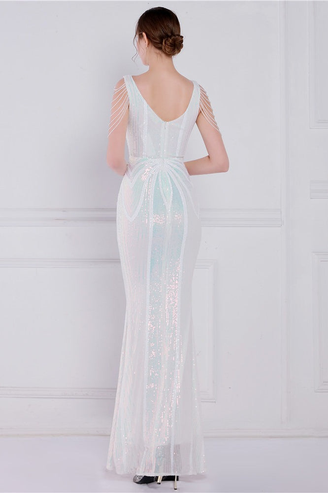 Vestido de fiesta sirena con lentejuelas y flores de cuentas