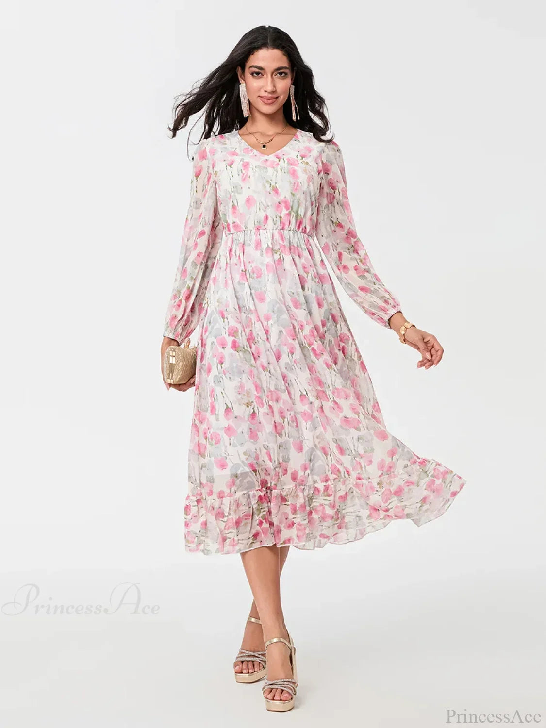 Vestido Floral Elegante de Manga Longa com Saia Evasê Fluida