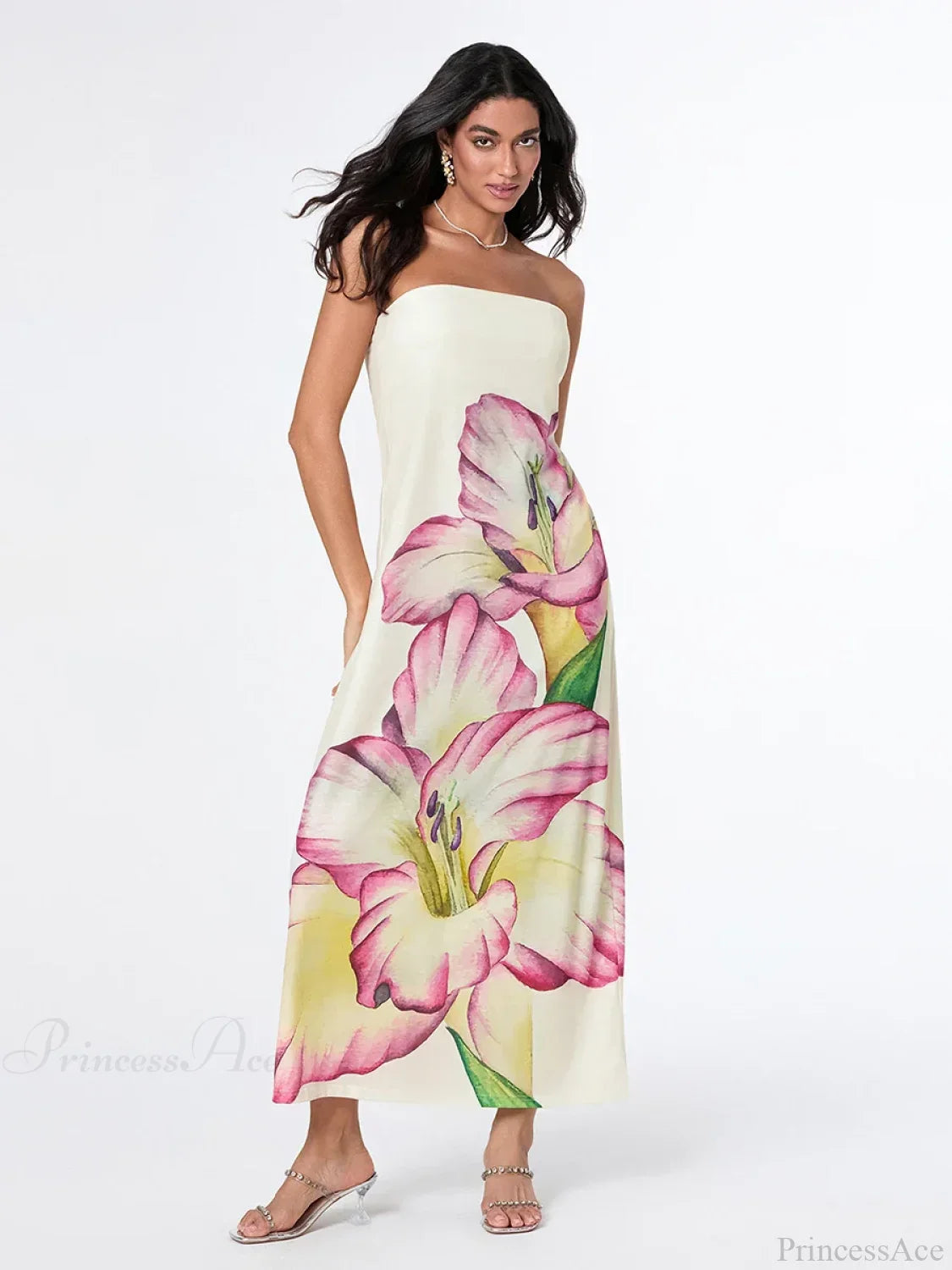 Vestido Floral Elegante Sin Tirantes de Corte Suelto