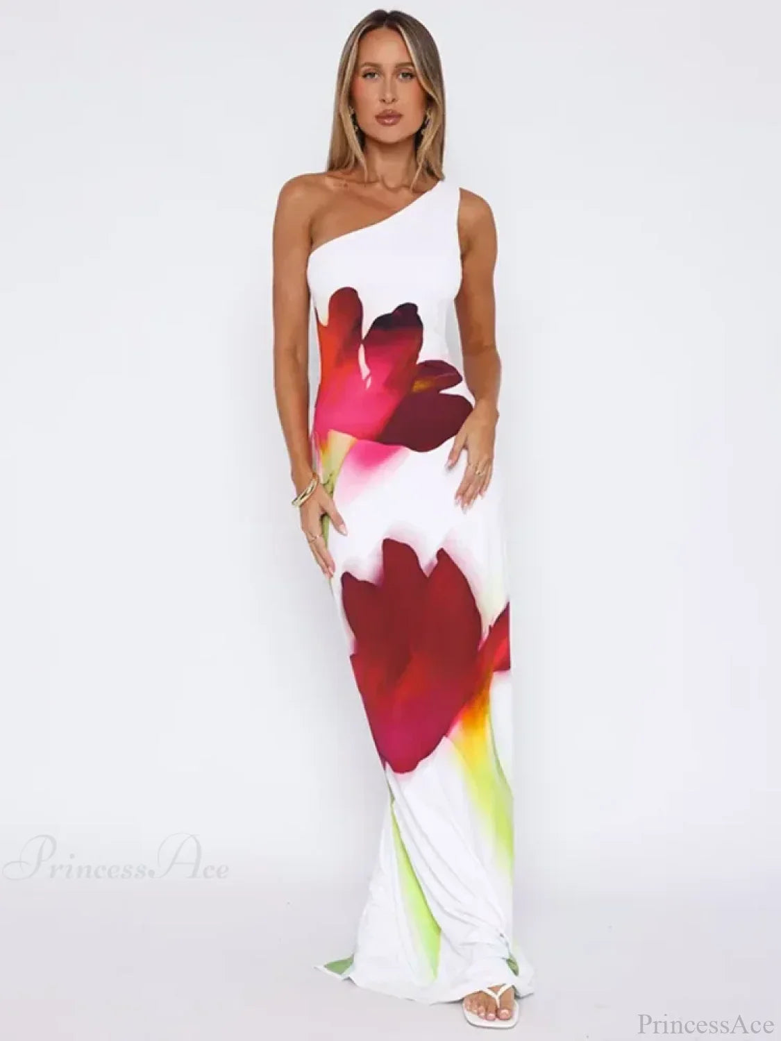Vestido largo floral elegante con un solo hombro y espalda descubierta