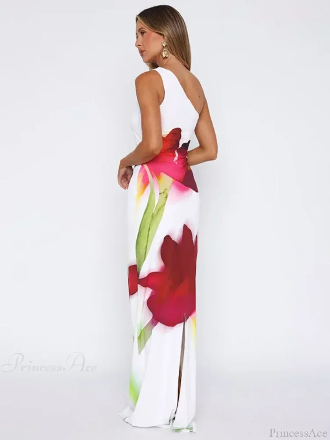 Vestido largo floral elegante con un solo hombro y espalda descubierta