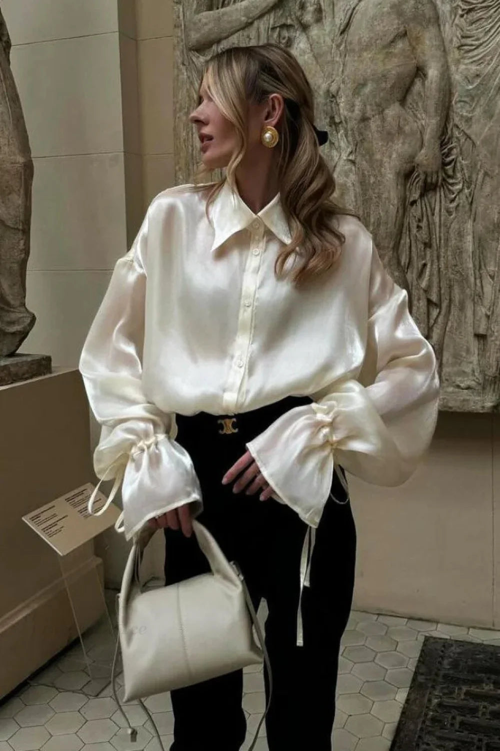 Elegant Satin Tie-Waist Loose Long Sleeve Blouse