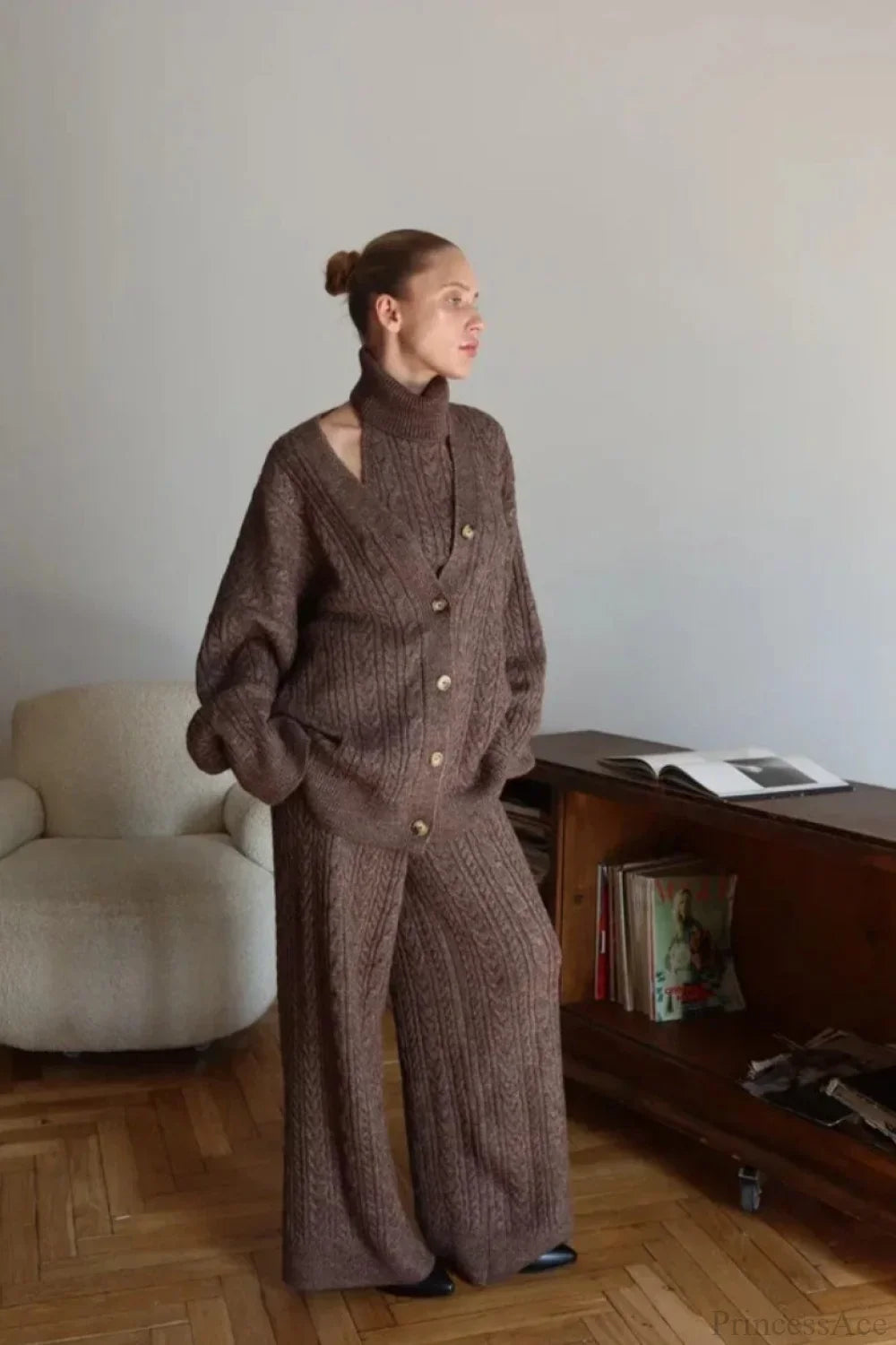 Elegant V-Neck Cable Knit Top Tank Pants Three Piece Set