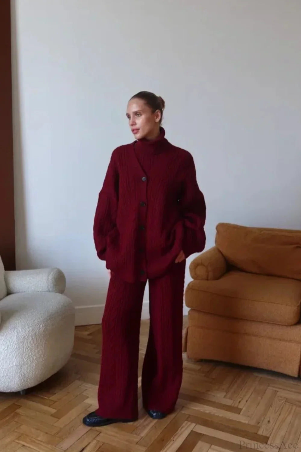 Elegant V-Neck Cable Knit Top Tank Pants Three Piece Set