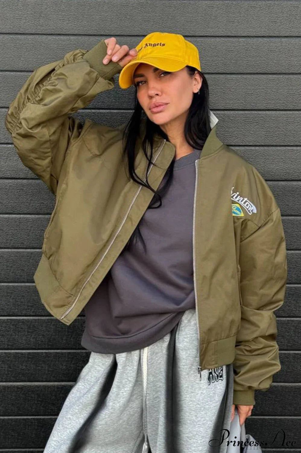 Embroidered Loose Bomber Long Sleeve High End Green Jacket