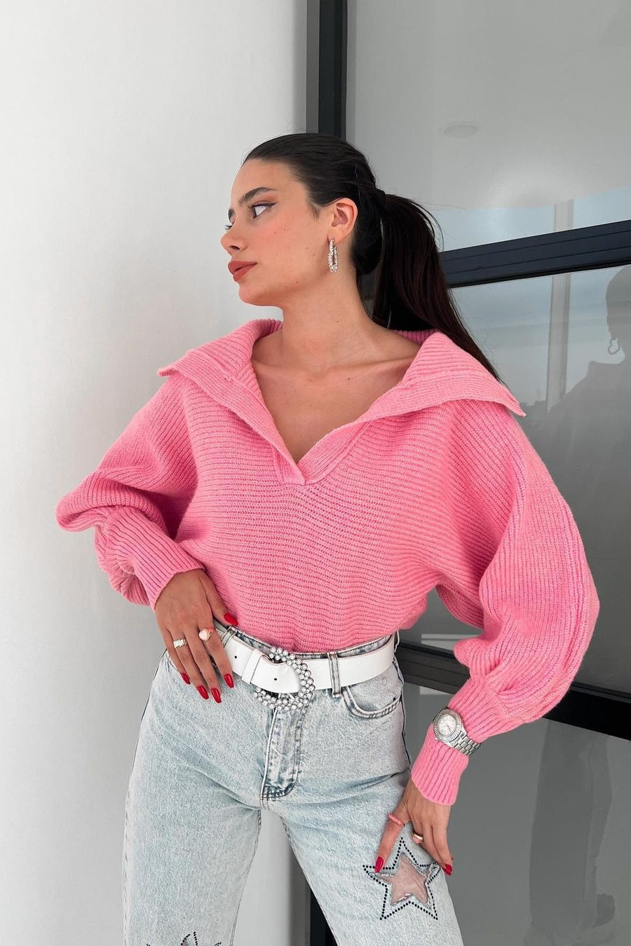 Pullover mit Laternenärmeln und offenem Kragen aus Strick