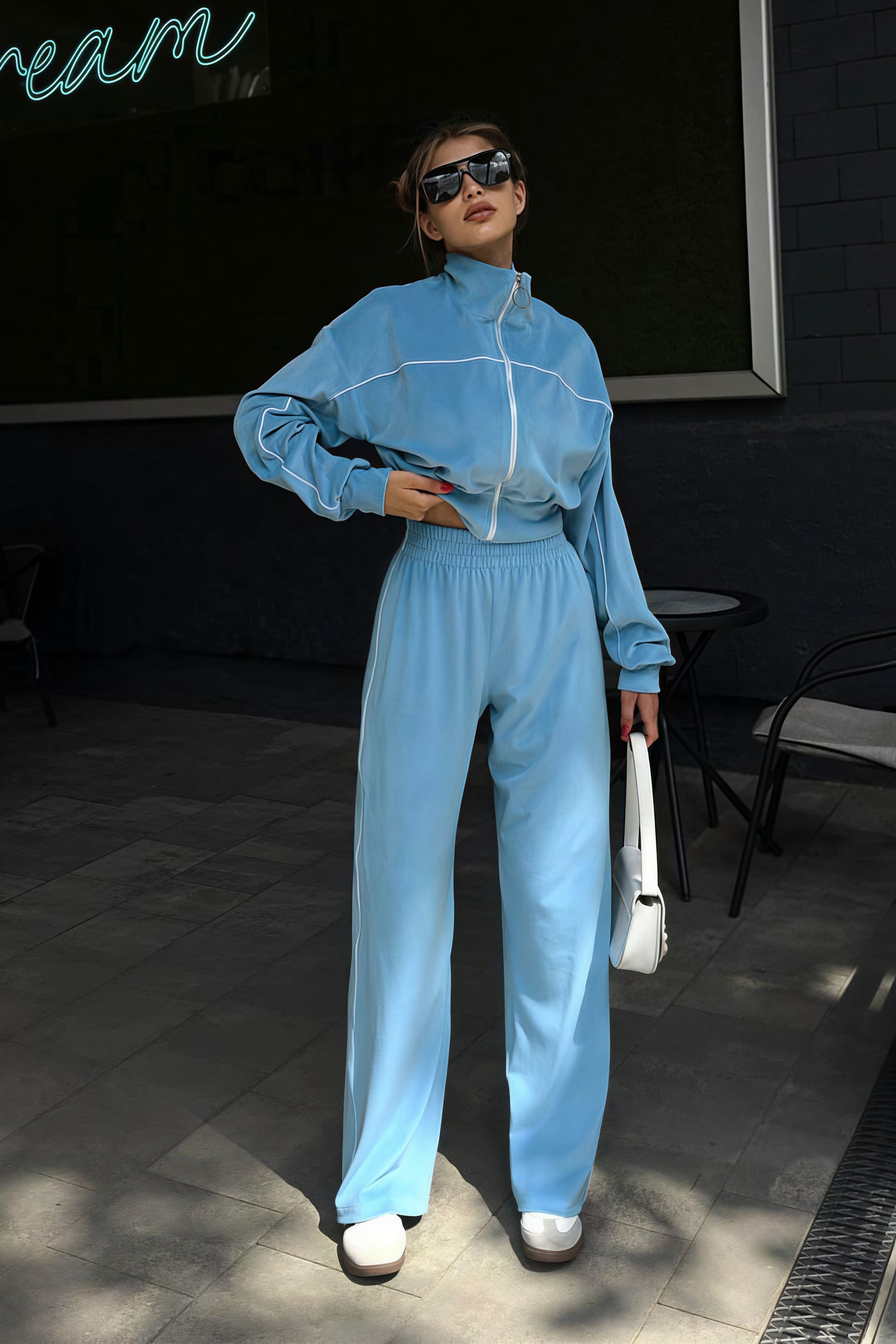 Conjunto de dos piezas con cremallera, cuello de terciopelo atlético y mangas largas