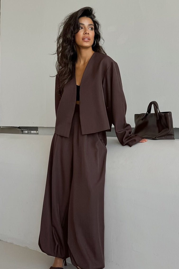 Solid V-neck Cardigan Tapered Two Piece Set