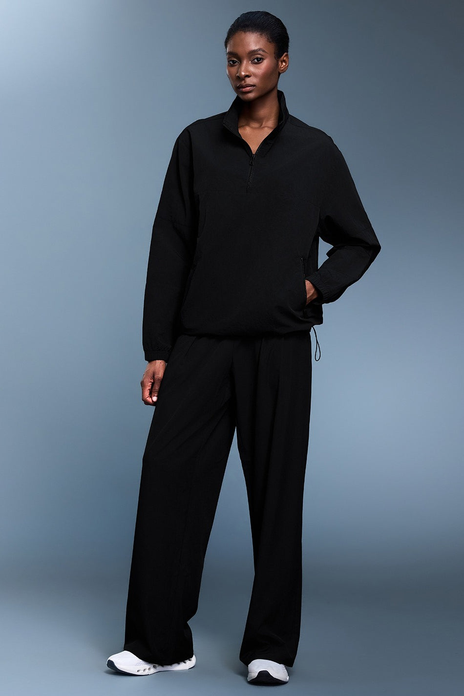 Sweat-shirt ample uni à demi-fermeture éclair sportif