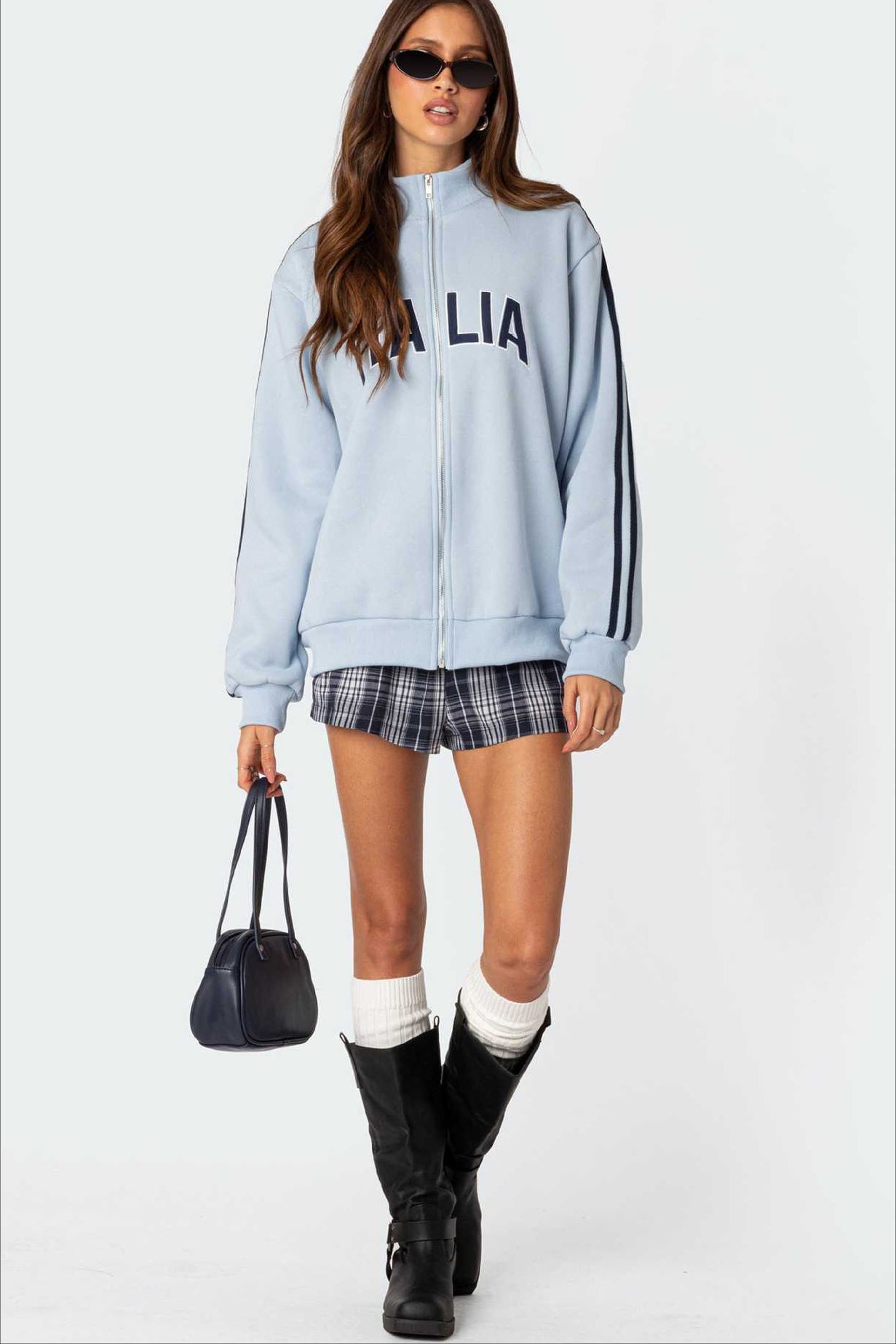 Stitched Letter Loose Mock Neck Zip Sweatshirt