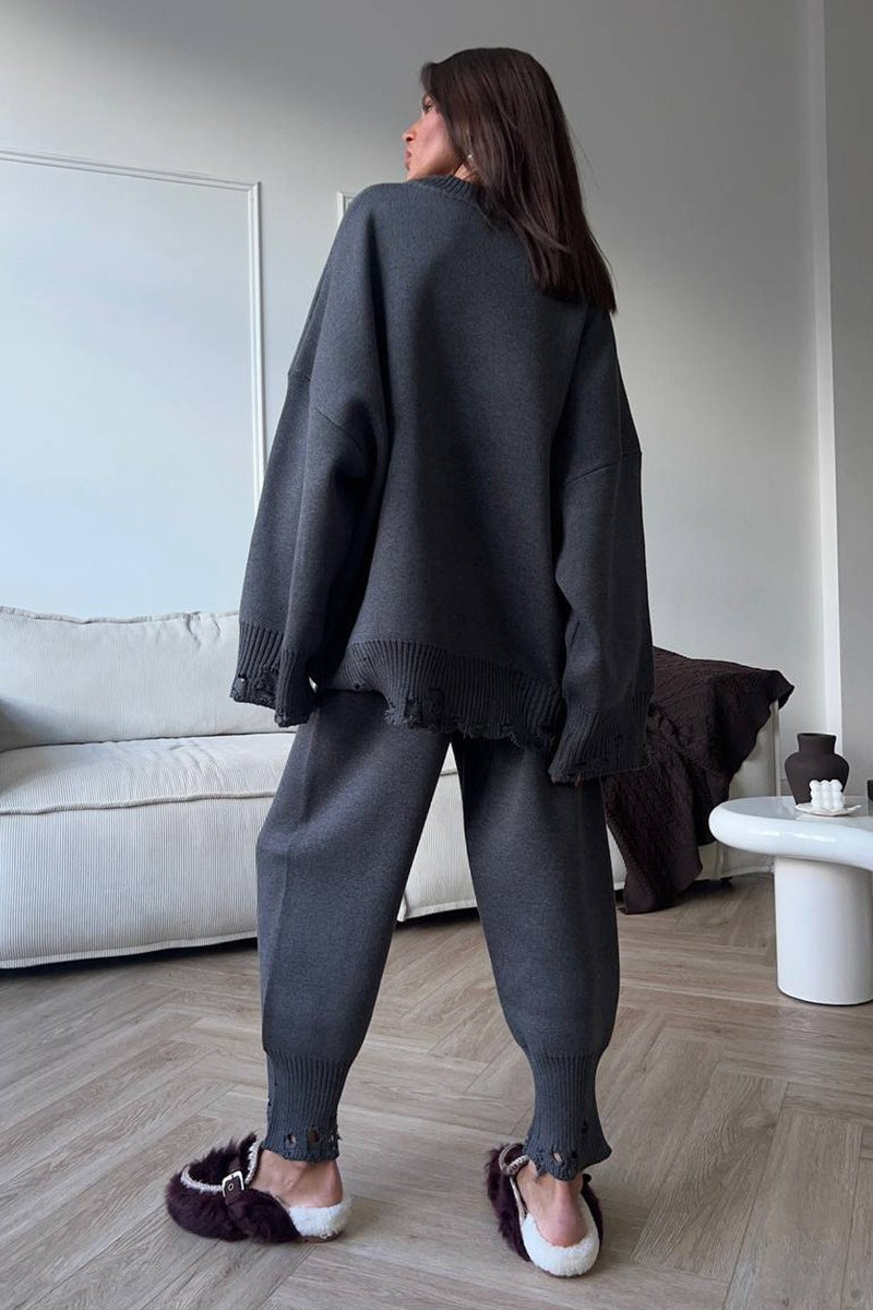 Solider grob gestrickter Pullover mit Rundhalsausschnitt, zweiteiliges Set