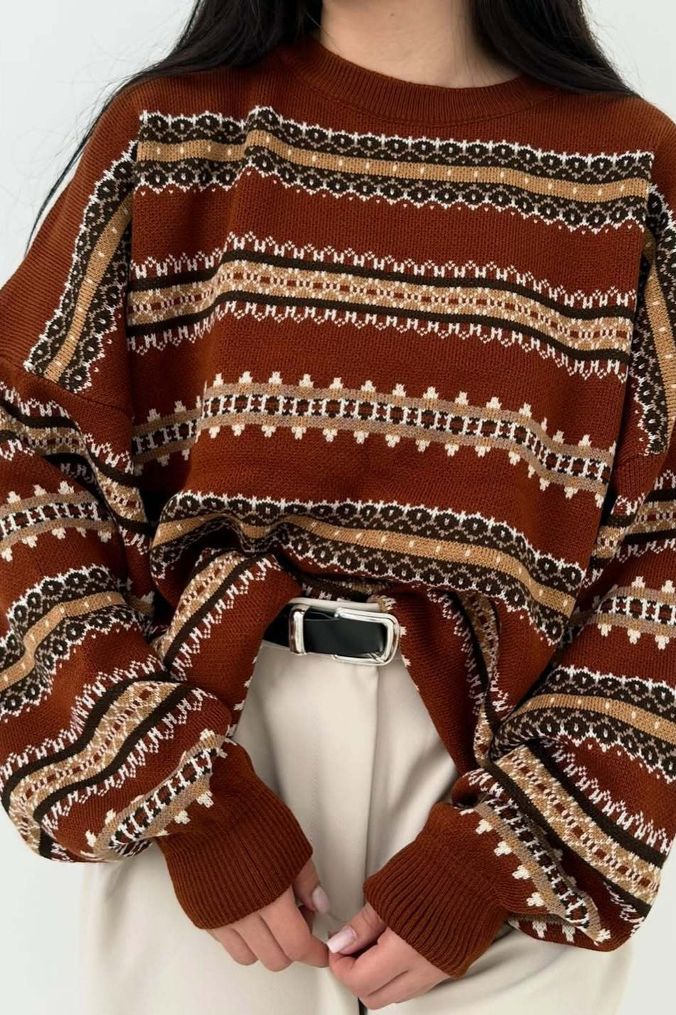 Fair Isle Jacquard Stripe Color Block Knit Sweater
