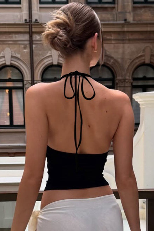 Top camicia con scollo a U profondo, tinta unita, allacciatura al collo a fascia