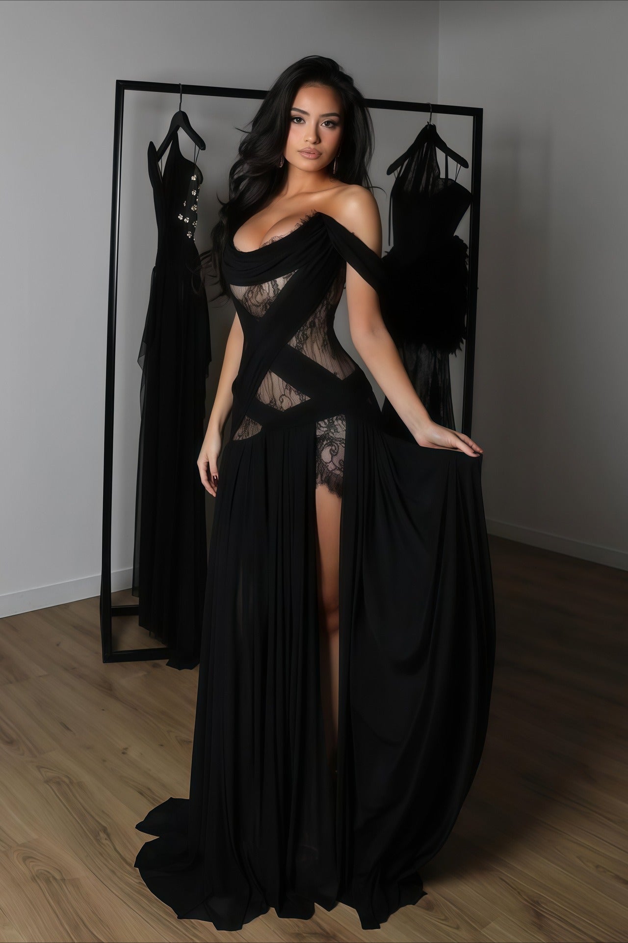 Abito lungo trasparente con spacchi, inserti in pizzo e ritagli sensuali