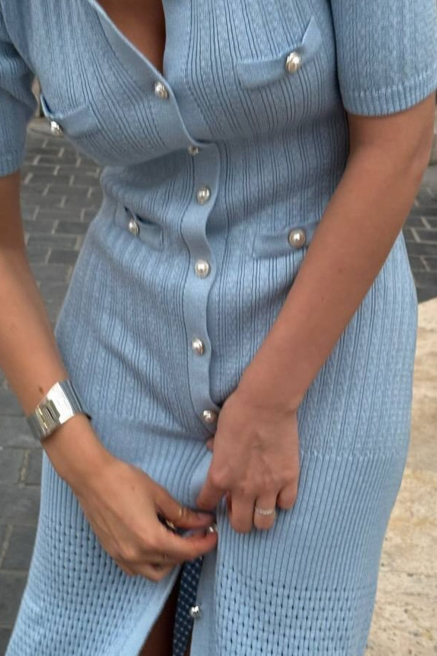 Single Breasted V Neck Knitted Slit Peter Pan Collar Midi Dress