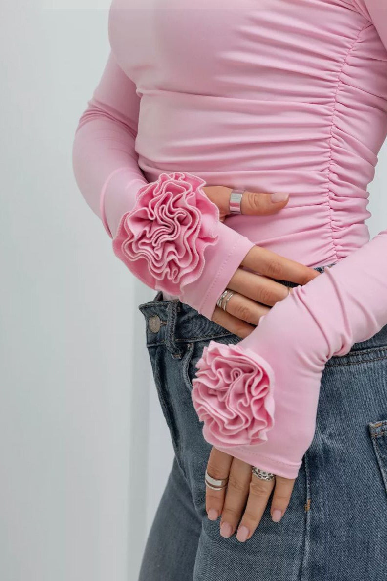 T-shirt ajusté à manches longues avec motif floral en relief 3D