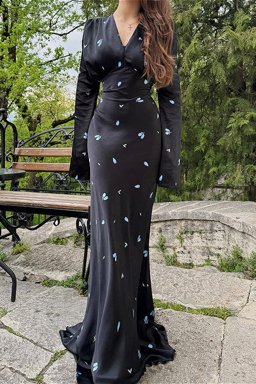 Elegantes Maxikleid aus Satin mit V-Ausschnitt, langen Ärmeln und Taillenschleife, floralem Muster