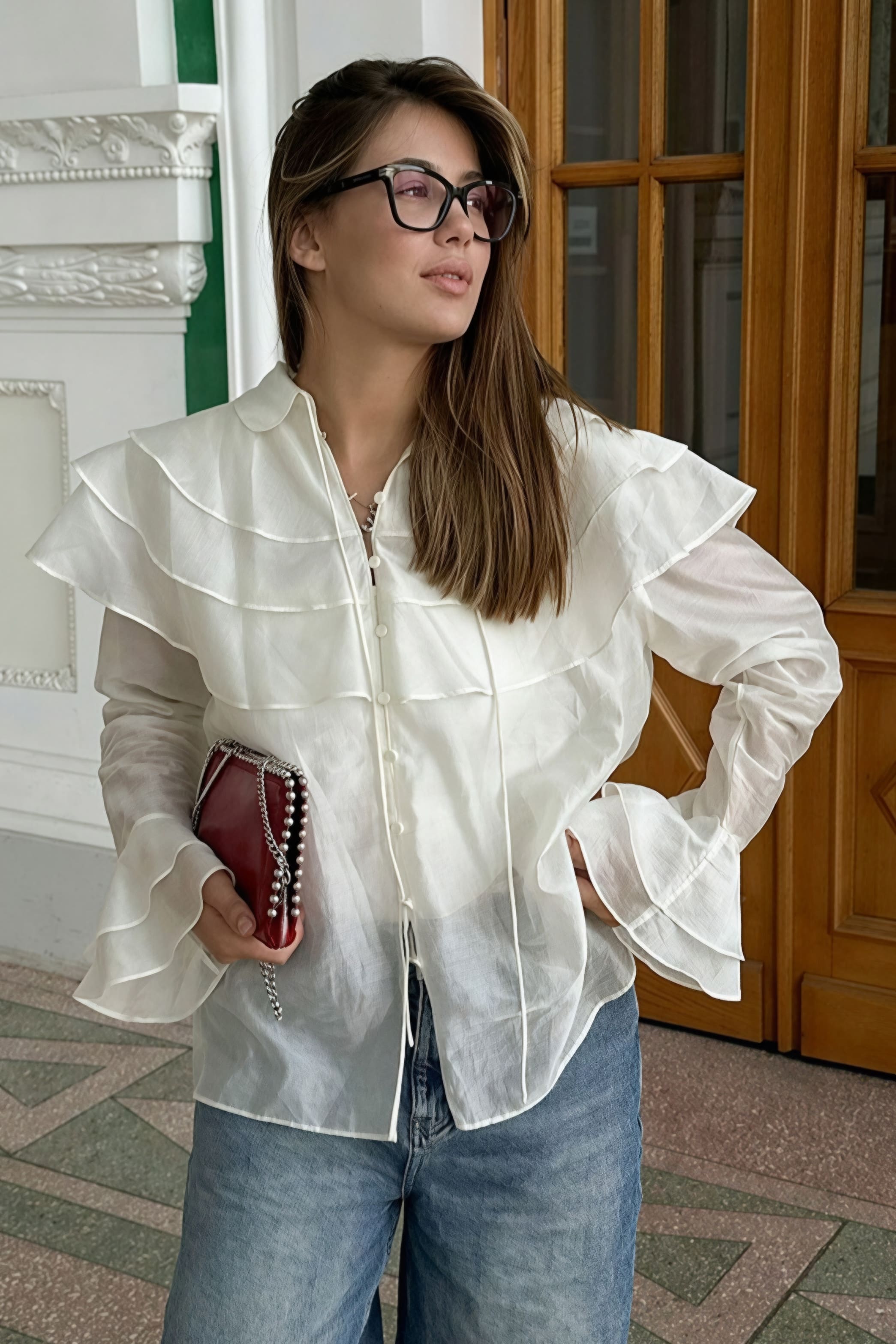 Camicia in chiffon di Tencel con maniche svasate arricciate