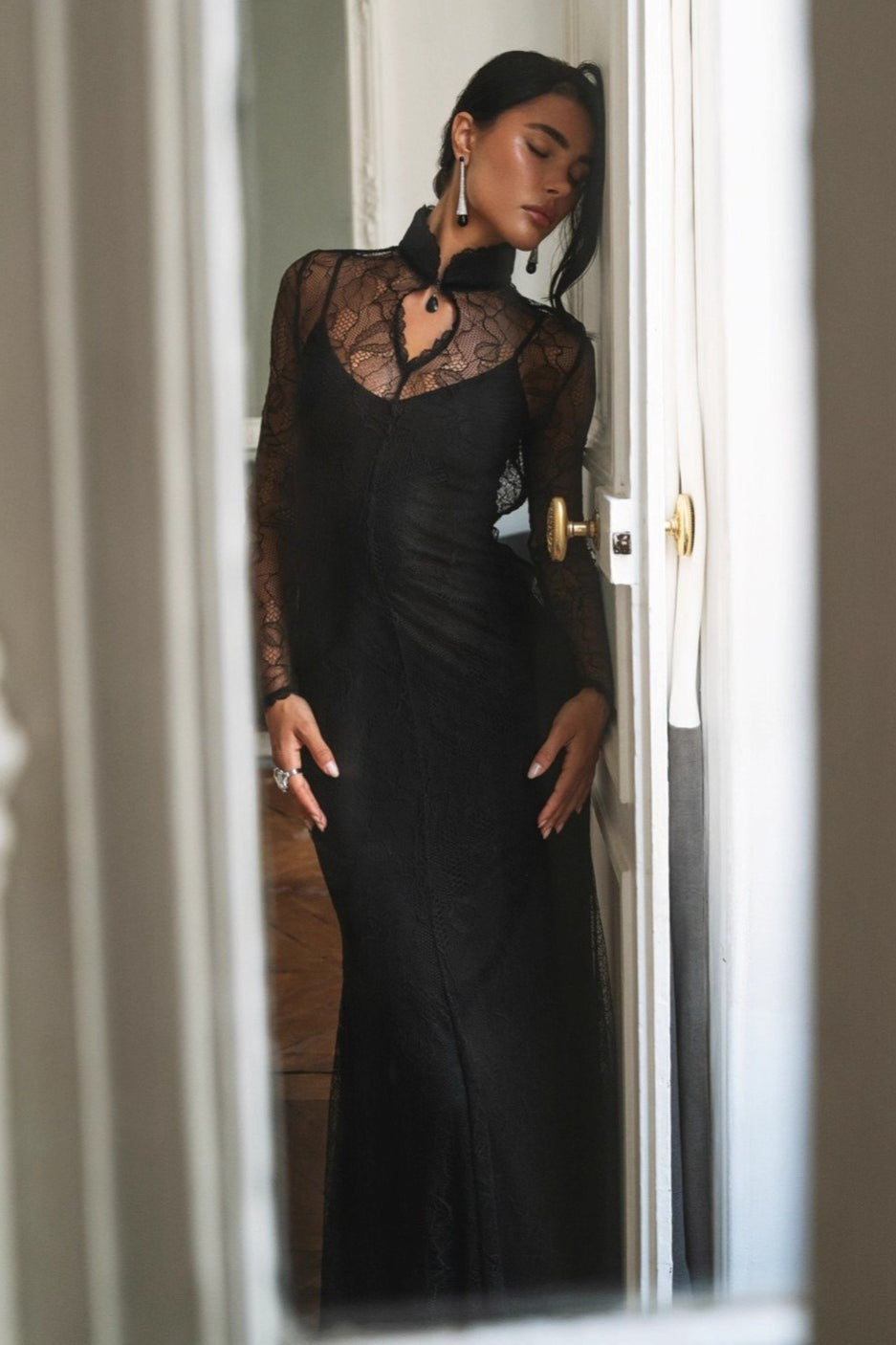 Sexy Spitzen-Patchwork Enganliegendes Maxikleid mit Ausschnitt