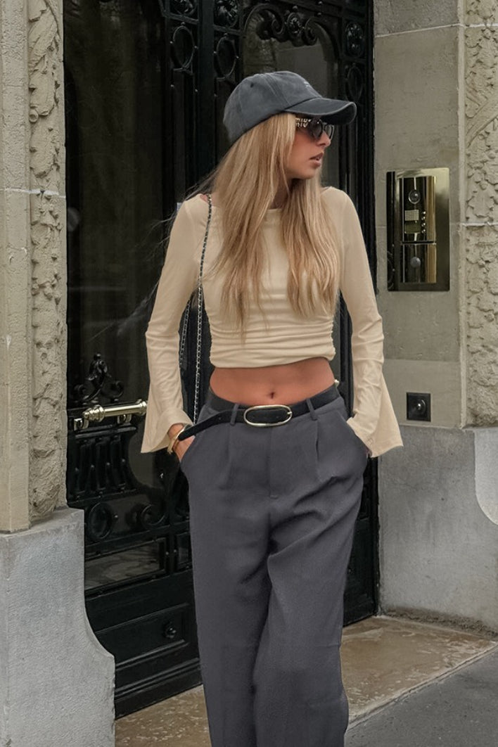 Solid Slim Fit Ruched Crew Neck Long Sleeve Tee