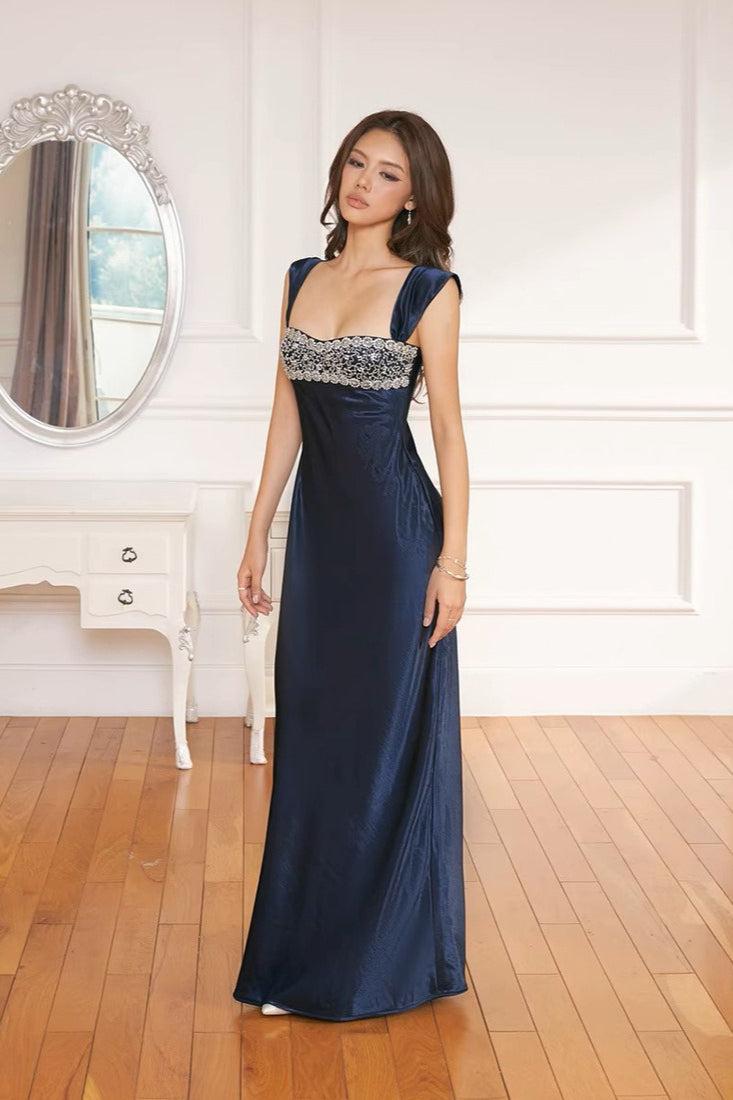 Patchwork-Strasssteine gerafftes elegantes Maxikleid