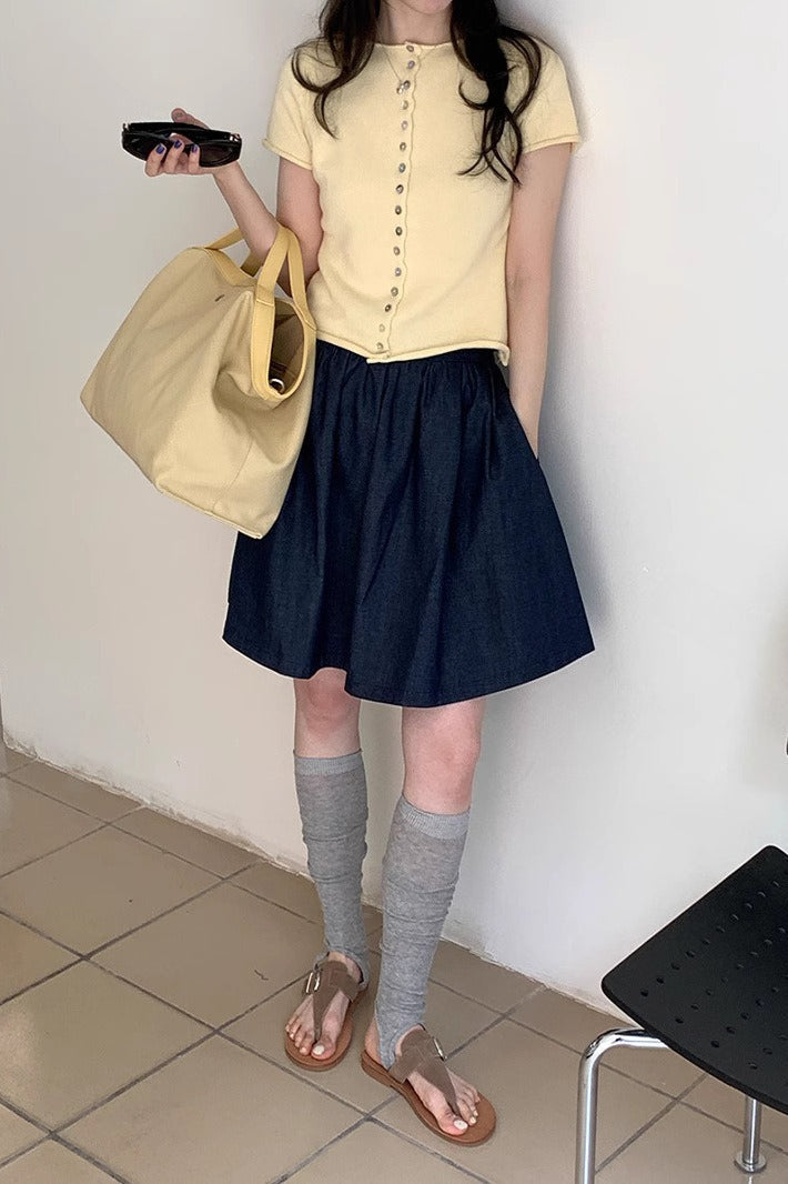 Retro modrá džínová minisukně s vysokým pasem a áčkovým střihem