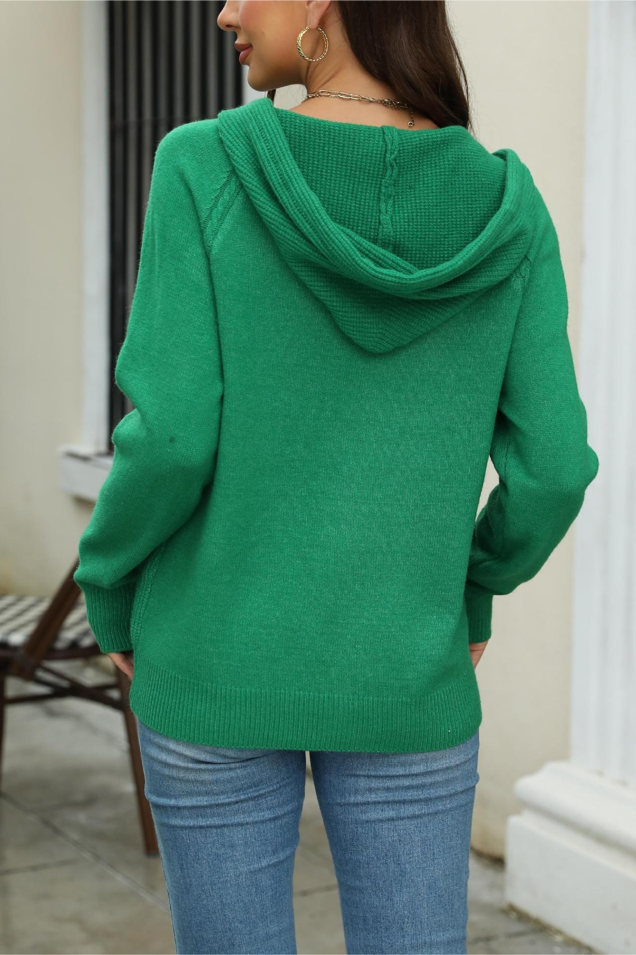 Solid Hooded Zip Drawstring Knit Cardigan Coat