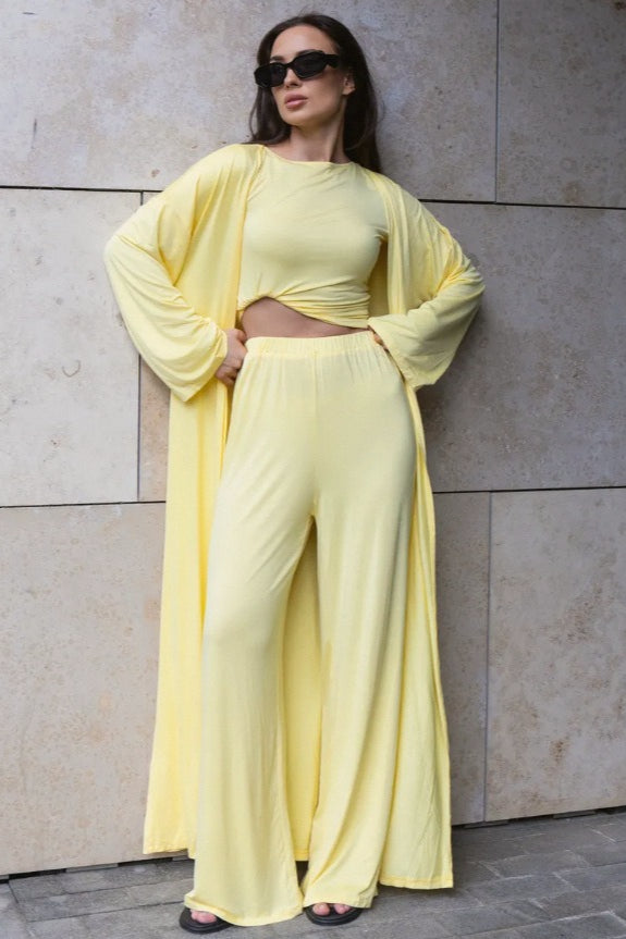 Solid Knit Flowly Long Sleeve Robe Three Piece Set