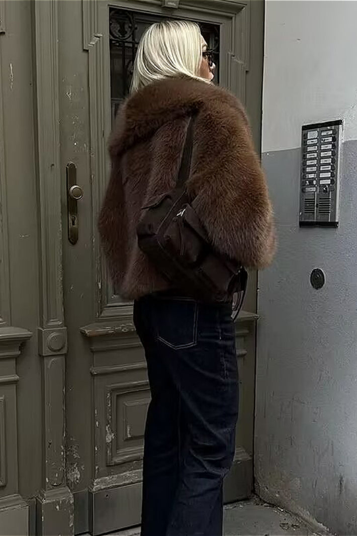 Retro einfarbiger Plüsch warmer kurzer Mantel mit Kerbkragen