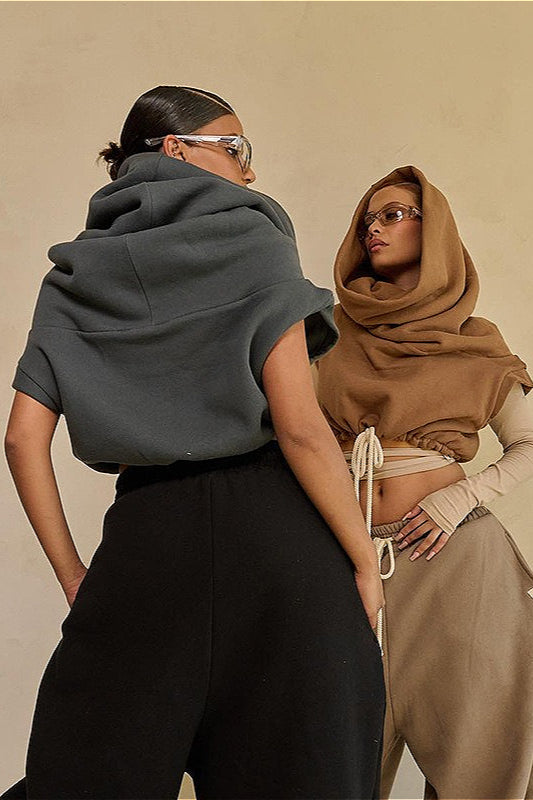 Solid Casual Wide Collar Cropped Hoodie