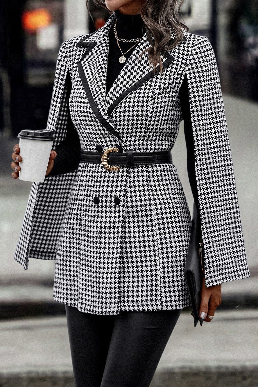 Tweed-style Houndstooth Split Long Sleeve Chic Blazer