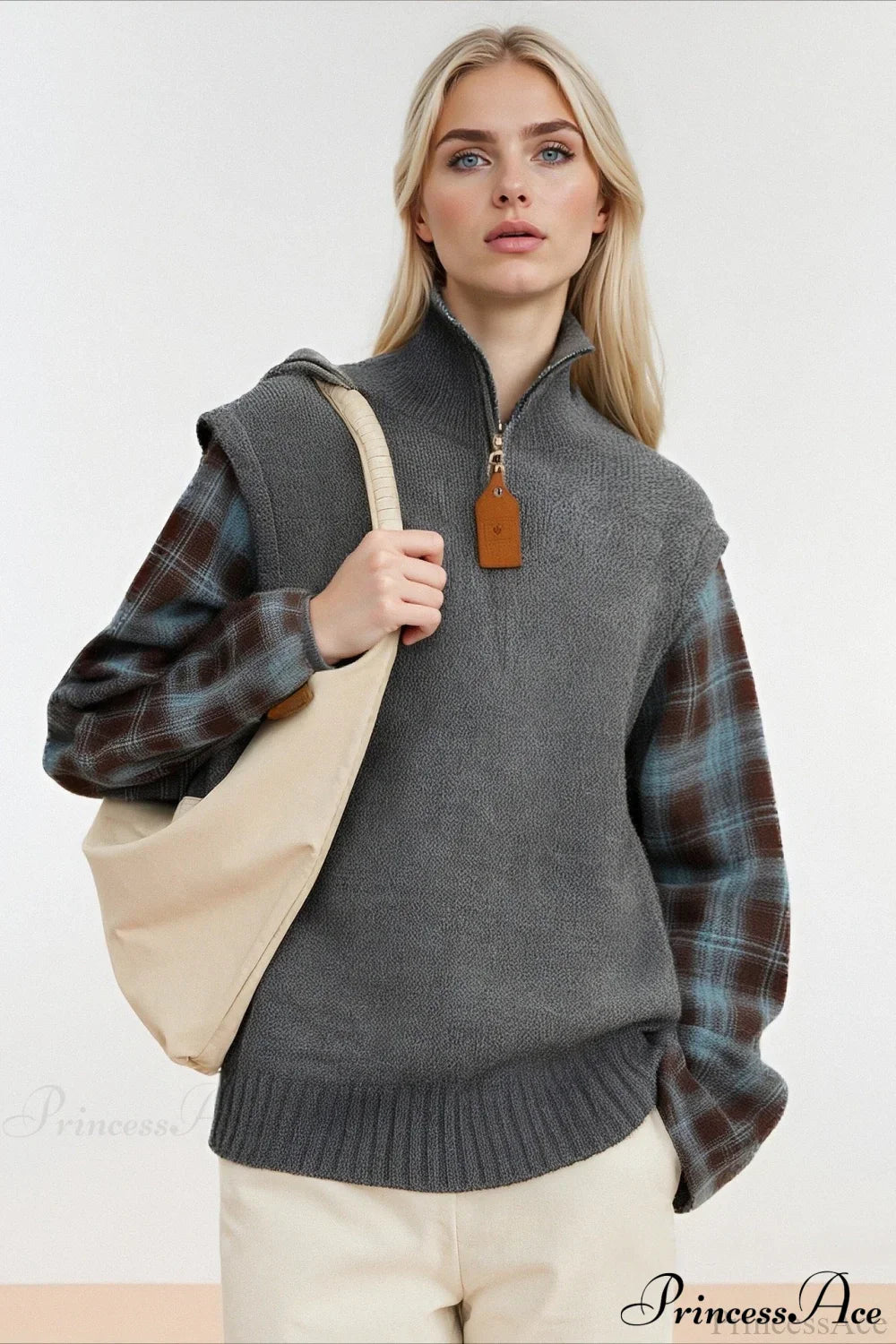 Fake Two Piece Plaid Contrast Half Zip Collared Sweater