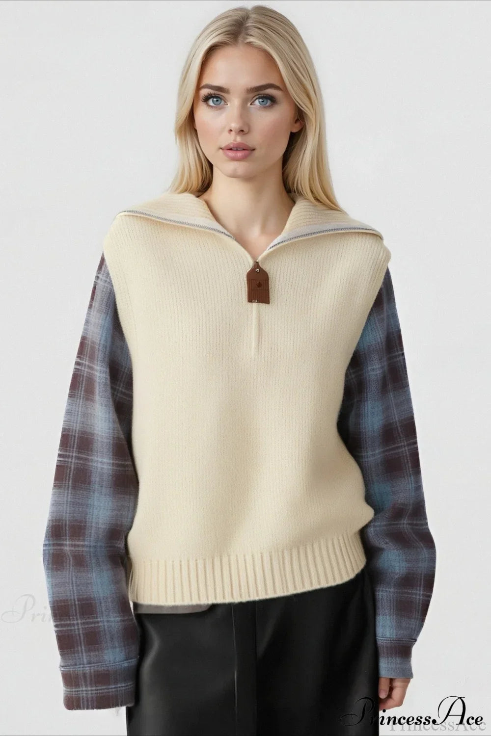 Fake Two Piece Plaid Contrast Half Zip Collared Sweater