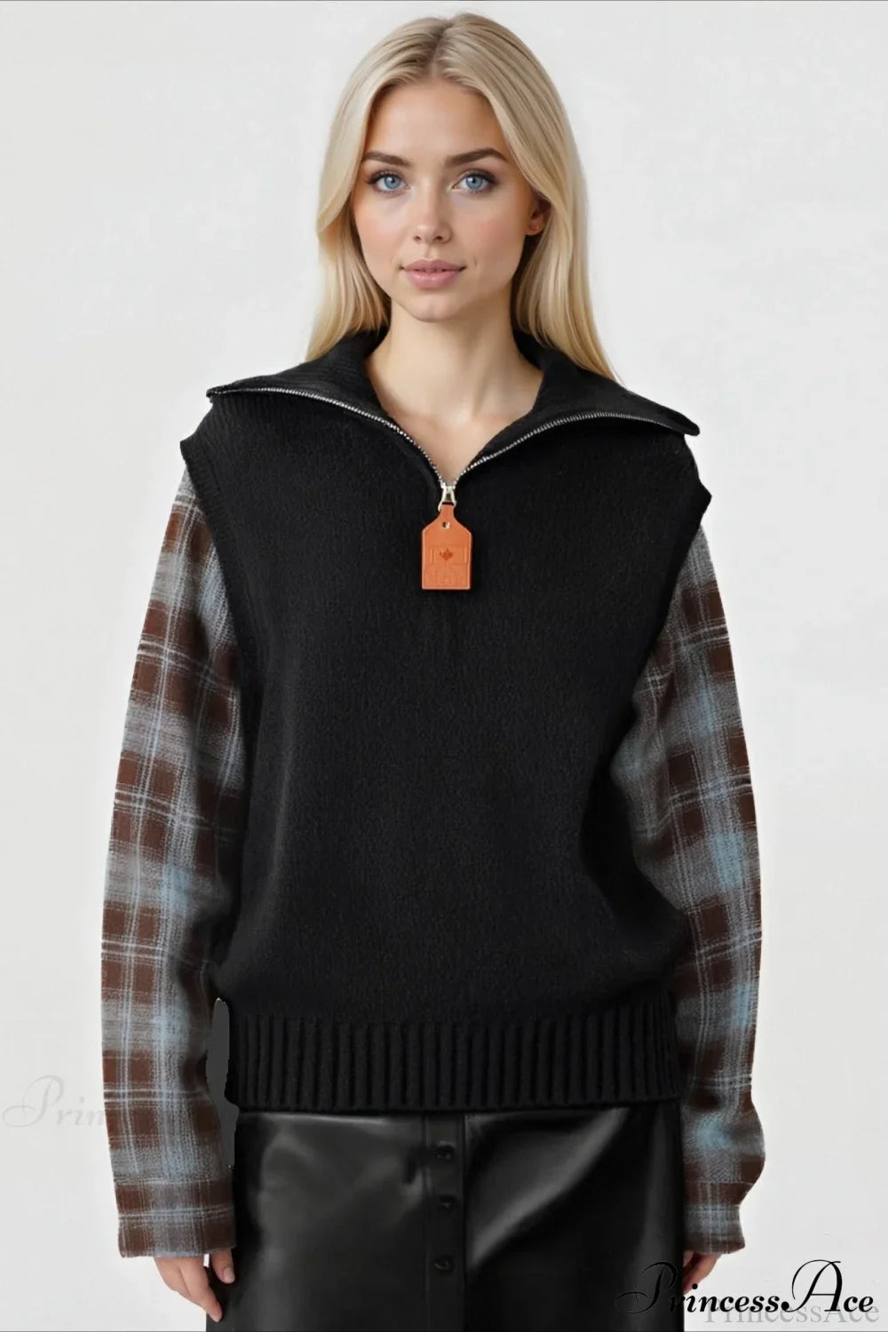 Fake Two Piece Plaid Contrast Half Zip Collared Sweater